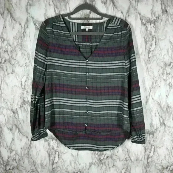 Madewell Womens Top Size XS in Green Oversized Relaxed Fit Striped - Picture 1 of 5
